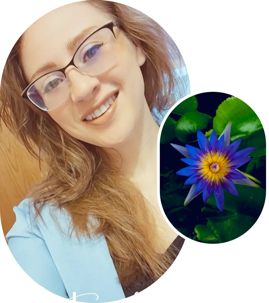 Smiling woman with glasses and a vibrant blue lotus flower.