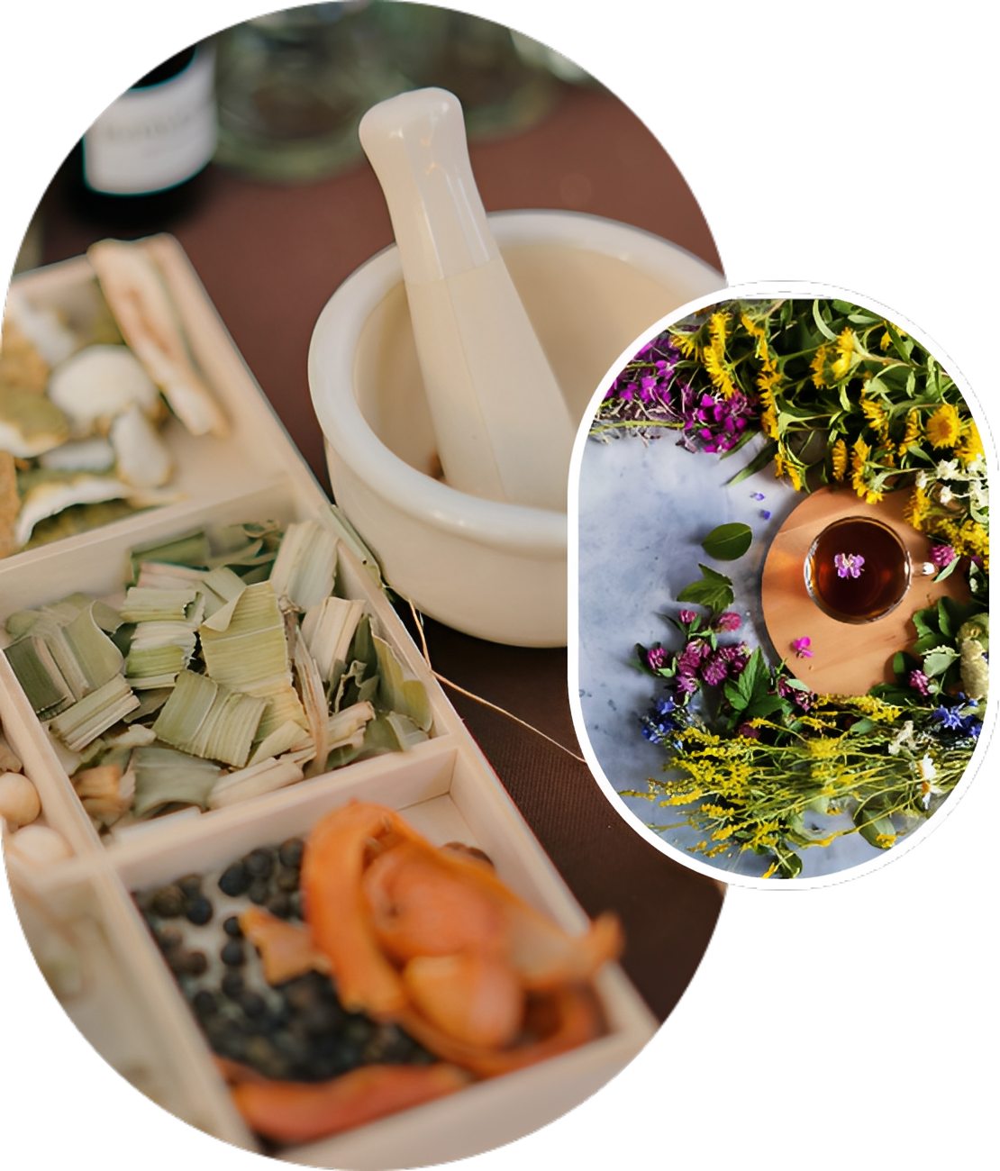 Herbal ingredients with mortar and pestle