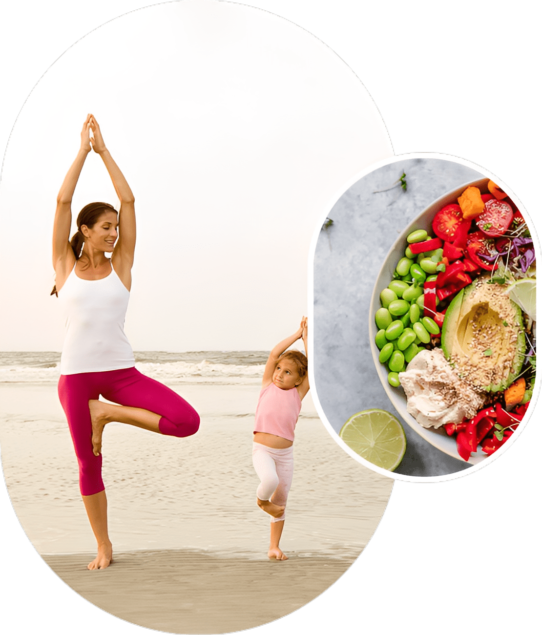 Woman and child doing yoga on beach
